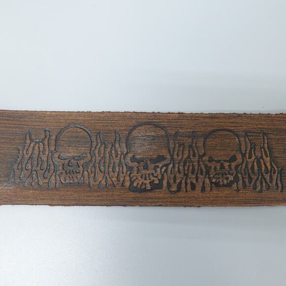 Brown Leather Bracelet w/ Flame & Skulls Embossed SL-24 - Picture 2 of 4